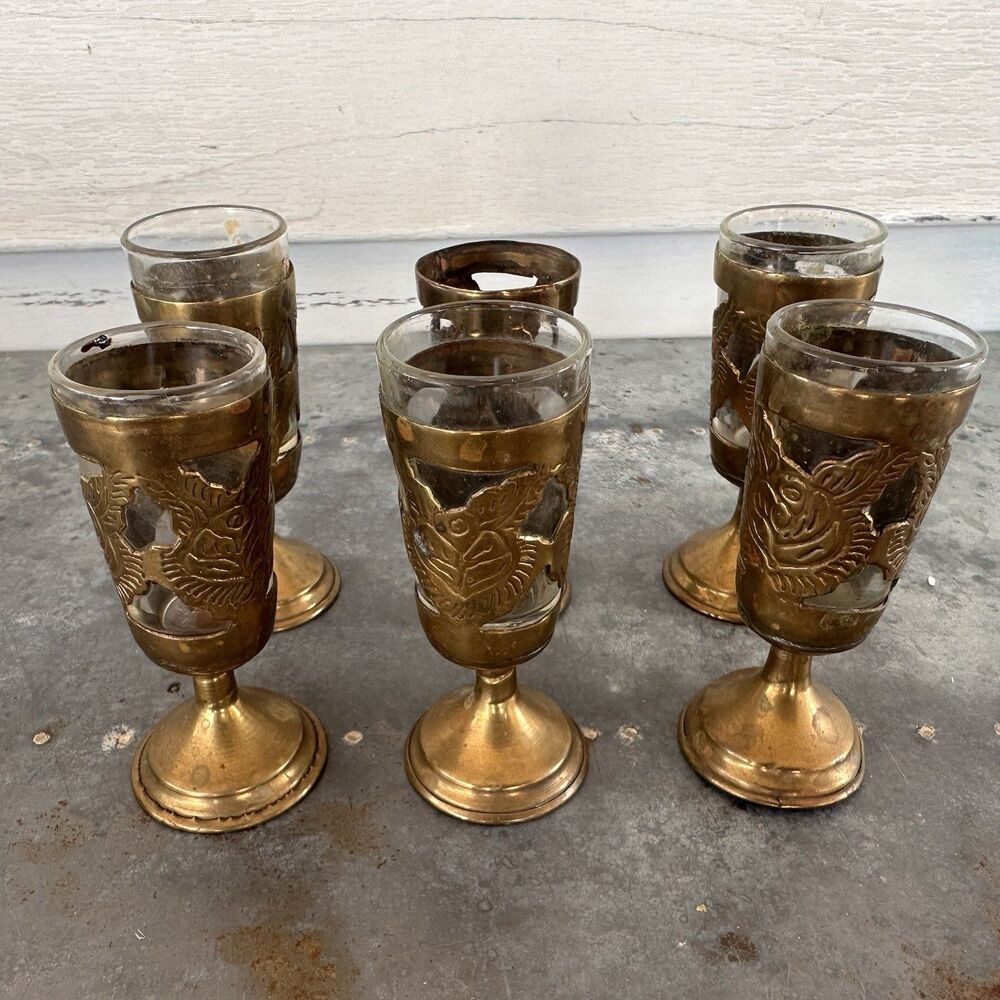 Vintage Mexican Brass Overlay Shot Glass 6pc Set Tequila Shooter Glasses READ